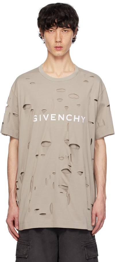 GIVENCHY TAUPE DESTROYED T-SHIRT