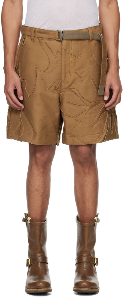 Sacai Tan Embroidered Shorts In 651 Beige