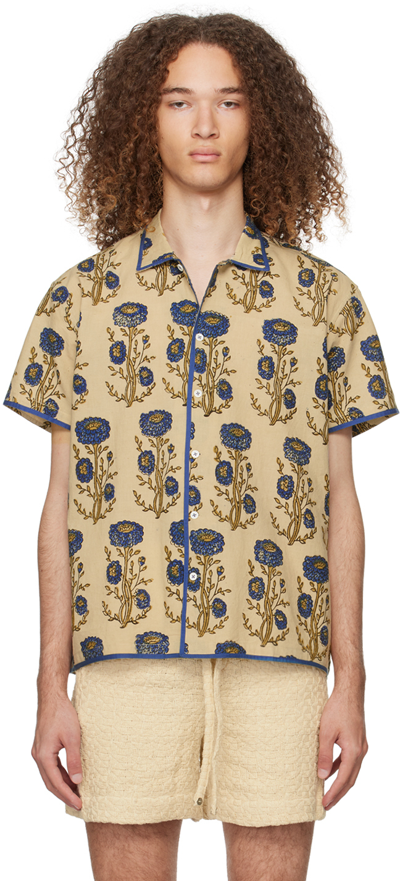 Harago Floral Print Cotton S/s Shirt In Beige