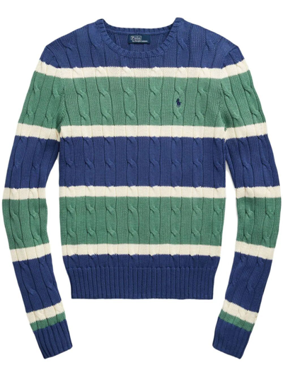 Polo Ralph Lauren Crew Neck Braided Striped Sweater In Blue