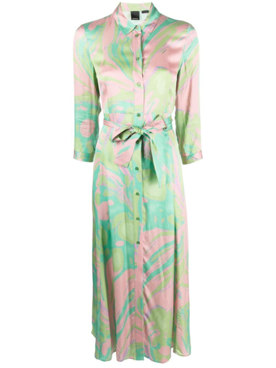Pinko Abstract-pattern Print Belted-waist Dress In Green