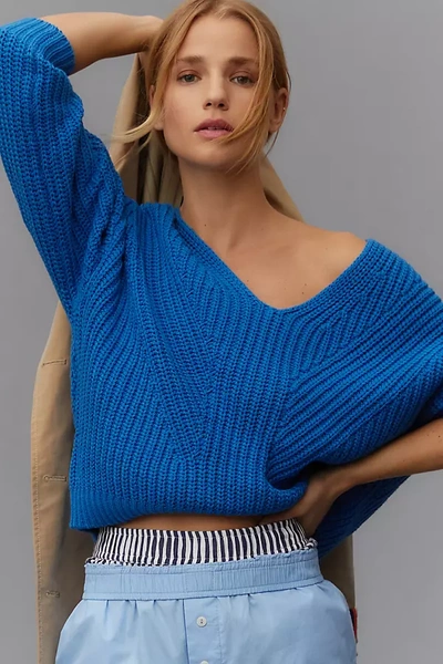 Maeve V-neck Sculptured Pullover Sweater In Blue
