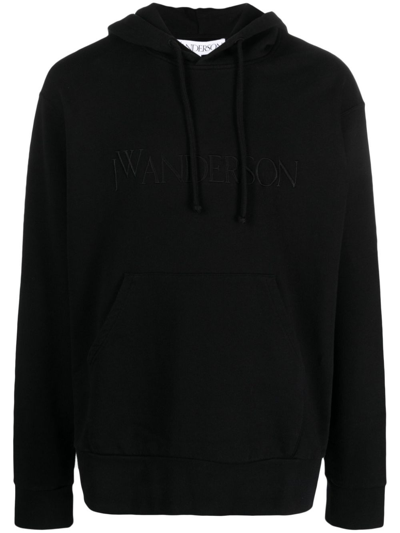 JW ANDERSON BLACK LOGO-EMBROIDERED COTTON HOODIE