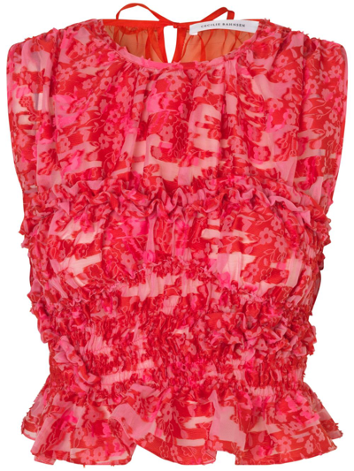 Cecilie Bahnsen Red Floral Jacquard Sleeveless Blouse In Pink