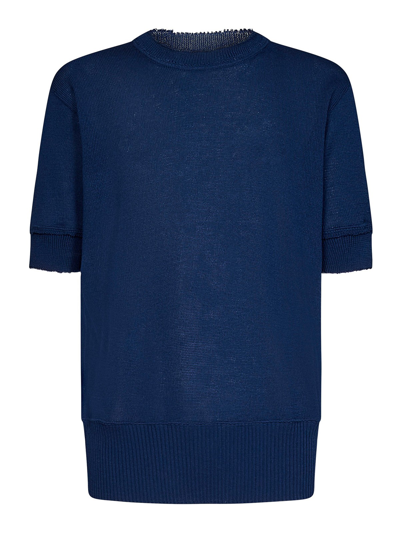 Maison Margiela Wool Knitted Logo Crewneck With Ribbed Hem In Azul