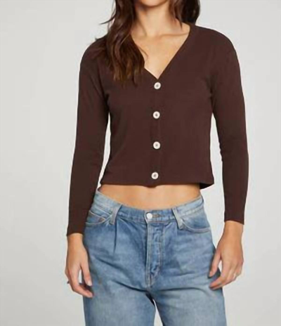 Chaser Button Down Cropped Cardigan In Falcon In Brown