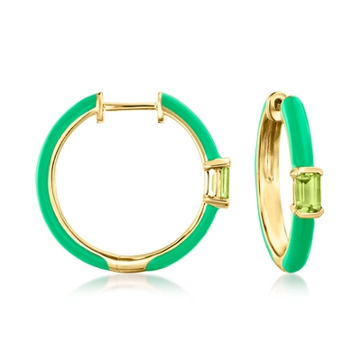 Ross-simons Peridot And Green Enamel Hoop Earrings In 18kt Gold Over Sterling