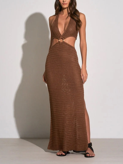Elan Crochet Maxi Halter Cut Out Dress In Brown