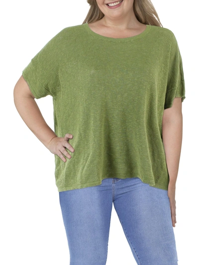 Eileen Fisher Plus Womens Organic Linen Jewel Neck Pullover Sweater In Green