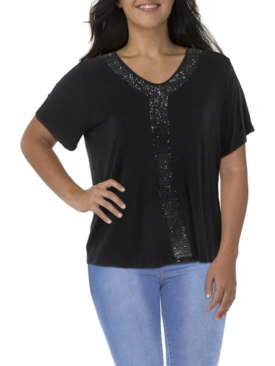 Coin 1804 Plus Womens Sequined Short Sleeve T-shirt In Black