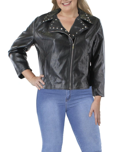 White Mark Plus Womens Faux Leather Studded Motorcycle Jacket In Black