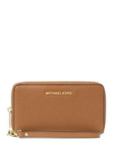 Michael Michael Kors Flat Multi-function Large Leather Smartphone Wristlet In Acorn Brown/gold