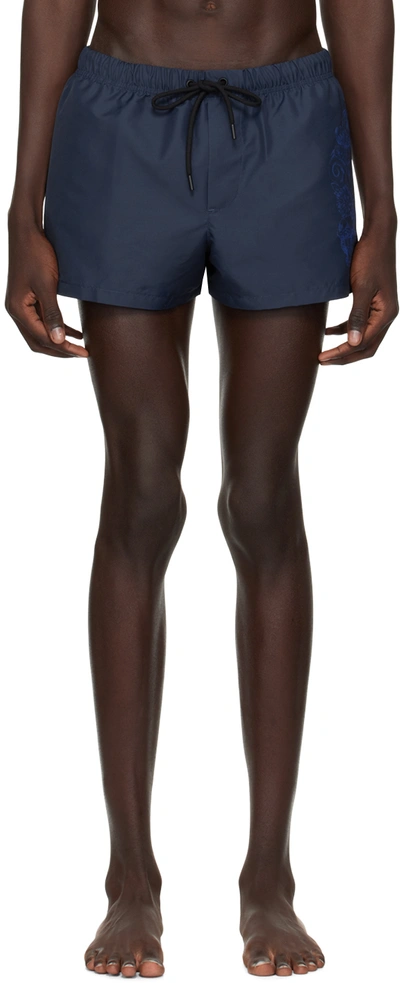 Versace Navy Cartouche Swim Shorts In 5u040-blue Navy+prin