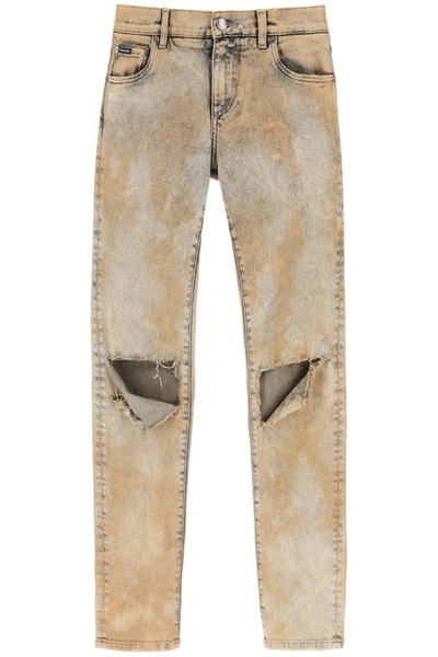 Dolce & Gabbana Skinny Jeans In Overdyed Denim In Beige