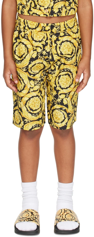 Versace Kids Gold & Black Barocco Shorts In Nero+oro