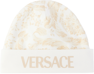 Versace Baby White & Beige Barocco Beanie In Bianco+beige