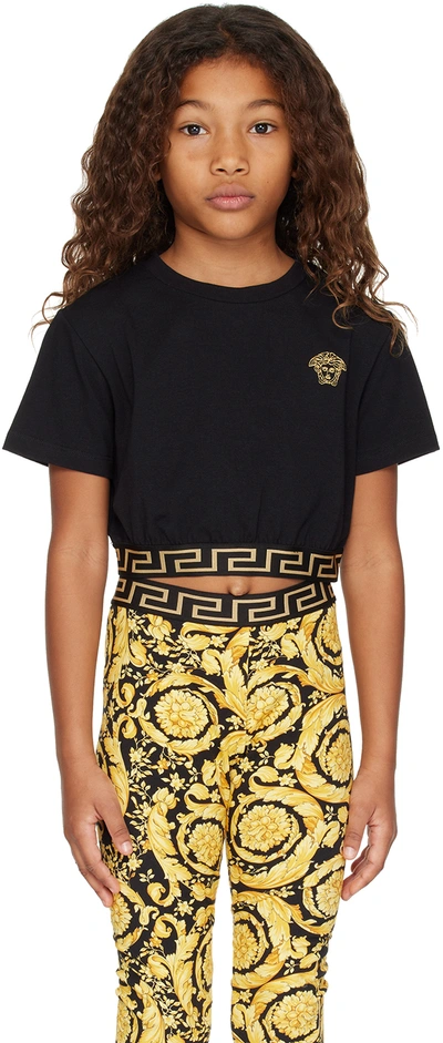 Versace Kids Black Greca Border T-shirt In Nero+oro