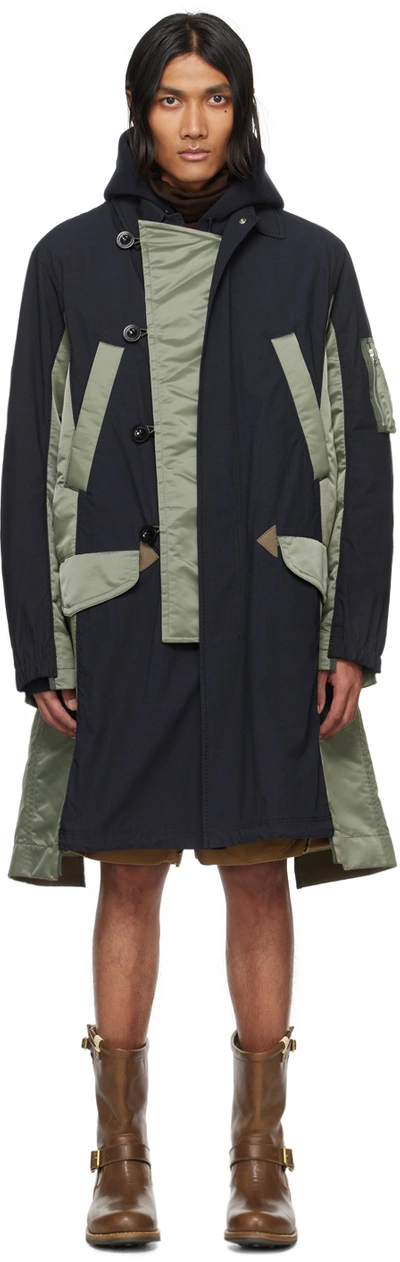 Sacai Navy & Khaki Paneled Coat In 212 Navyxkhaki