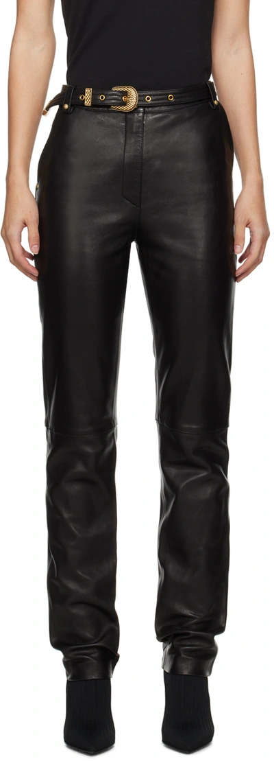 BALMAIN BLACK BELTED LEATHER TROUSERS