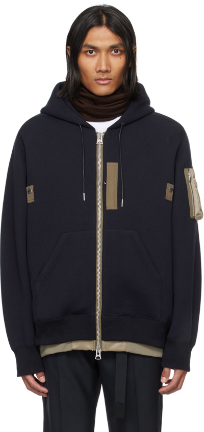 Sacai Layered Zip-up Drawstring Hoodie In 201 Navy