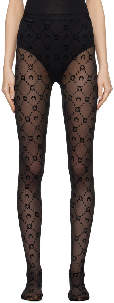 MARINE SERRE BLACK MOONOGRAM FLOCKED MESH TIGHTS