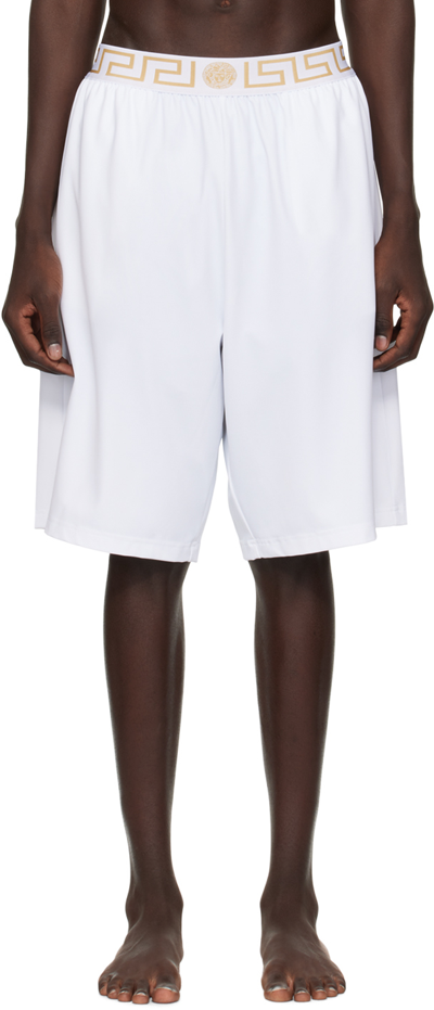 Versace White Greca Border Swim Shorts In 2w110-white+gold