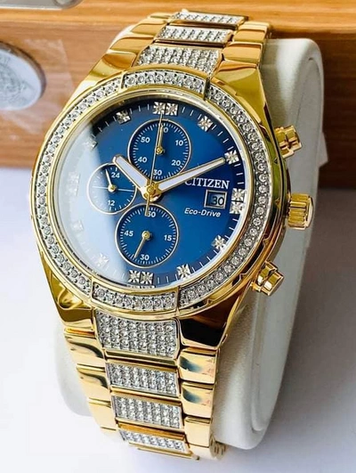 Pre-owned Citizen Eco-drive Crystal Gold Tone Blue Dial Men's Watch Ca0752-58l