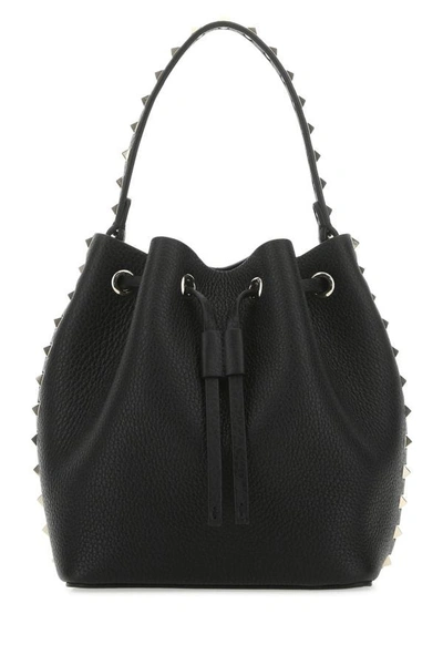 Valentino Garavani Woman Black Leather Rockstud Bucket Bag