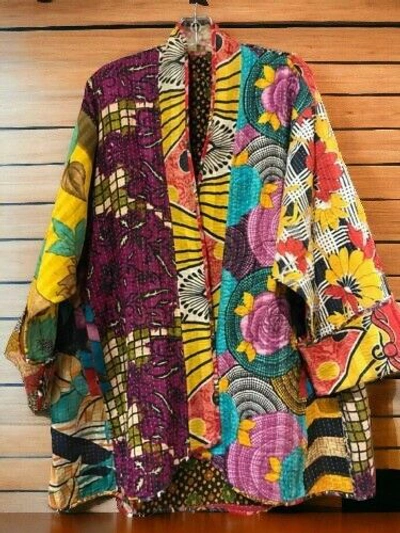 Pre-owned Handmade 10 Pc Women Vintage Kantha Quilt Jacket Multi Patchwork Print Open Wear Coat In Multicolor