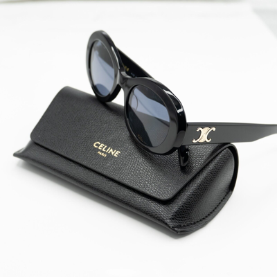 Pre-owned Celine Cl40194u 01a Oval 55mm Cat Eye Black Sunglasses With In Gray