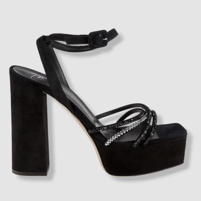 Pre-owned Giuseppe Zanotti $1250  Women Black Suede Crystal Platform Sandal Shoes Size 38.5