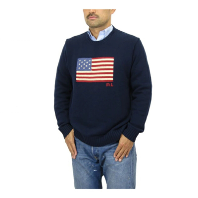 Pre-owned Polo Ralph Lauren Men's Cotton Crewneck Usa Flag Sweater - Navy - In Blue
