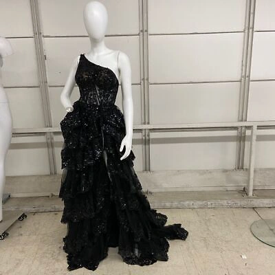 Pre-owned Sherri Hill One Shoulder Tulle Sequin A-line Gown Women's Size 00 In Black