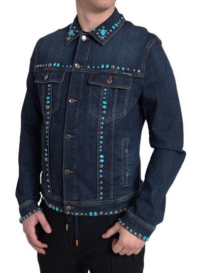 Pre-owned Dolce & Gabbana Jacket Blue Denim Turquoise Stones Studded It48 / Us38/m 3300usd