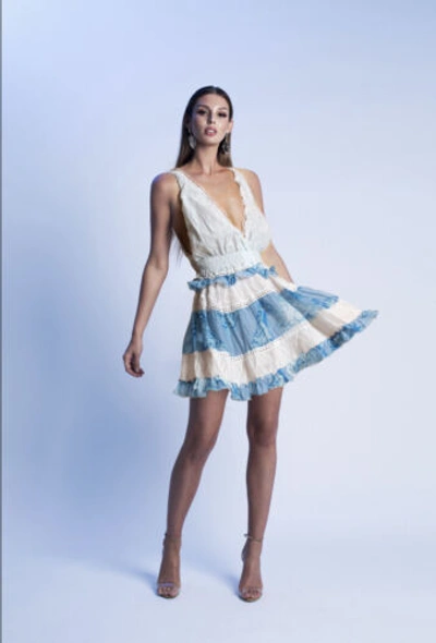 Pre-owned Chio Silk Ruffle Macrame Mini Dress Blue White Print Resort Italy S $449