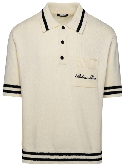 Balmain Logo Embroidered Knitted Polo Shirt In Neutral