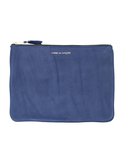 Comme Des Garçons Logo Printed Zip-up Pouch In Navy