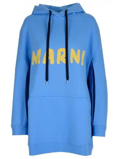 Marni Women's Longline Logo Hooded Sweatshirt In Blue