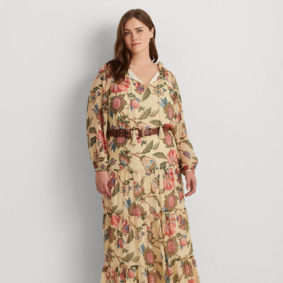 Lauren Woman Floral Crinkle Georgette Tiered Dress In Cream Multi