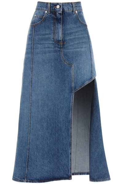 Alexander Mcqueen Denim Midi Skirt With Asymmetric High Slit In Navy