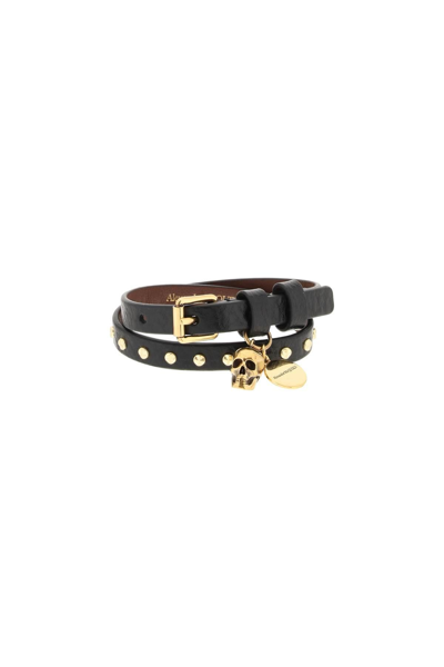 Alexander Mcqueen Double Wrap Bracelet With Studs In Black