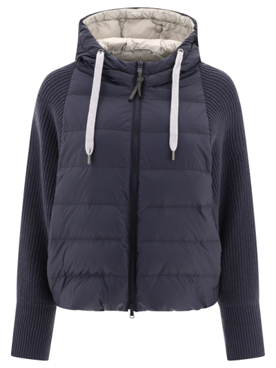 Brunello Cucinelli Down Jacket With Monili, Knitted Hood And Sleeves Jackets Blue