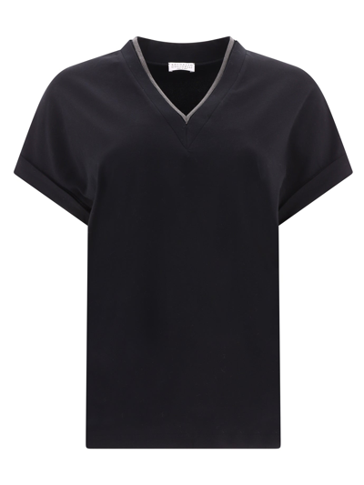 Brunello Cucinelli Monili Collar Vneck Tee Shirt Clothing In Black