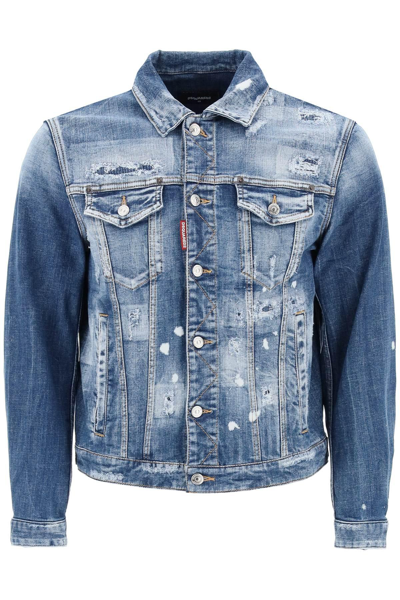 Dsquared2 Dan Jean Paint-splatter Denim Jacket In Blue