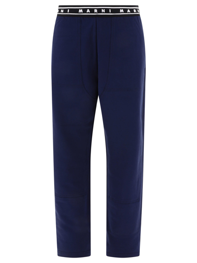 Marni Mens Blue Kyanite Branded-waistband Straight-leg Relaxed-fit Cotton-jersey Trousers In Navy Blue