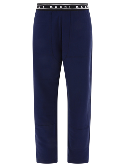 Marni Logo Waistband Straight Leg Trousers In Blue