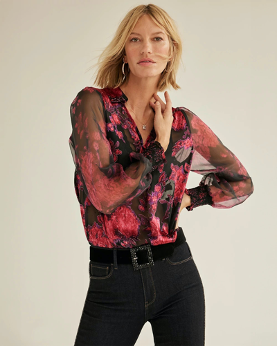 White House Black Market Organza Sleeve Silk Burnout Blouse In Pink Floral