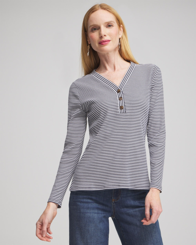 Chico's Stripe Ribbed Henley Tee In Navy Blue