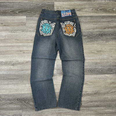 Pre-owned Jnco X Vintage Crazy Vintage Y2k Pelle Pelle Embroidered Wide Leg Jeans In Blue