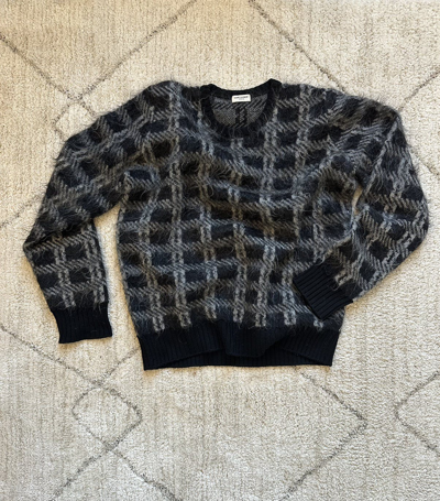 Pre-owned Saint Laurent Slim-fit Checked Brushed Mohair Knitted Sweater Black White In Grey